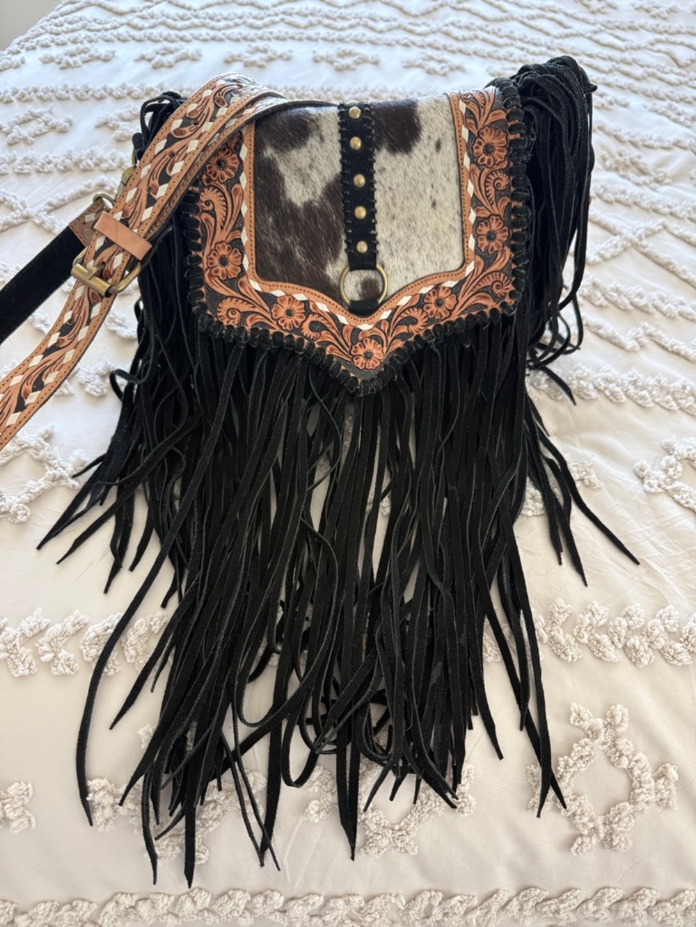 Black Fringe Leather Crossbody Bag with Cowhide Accent
